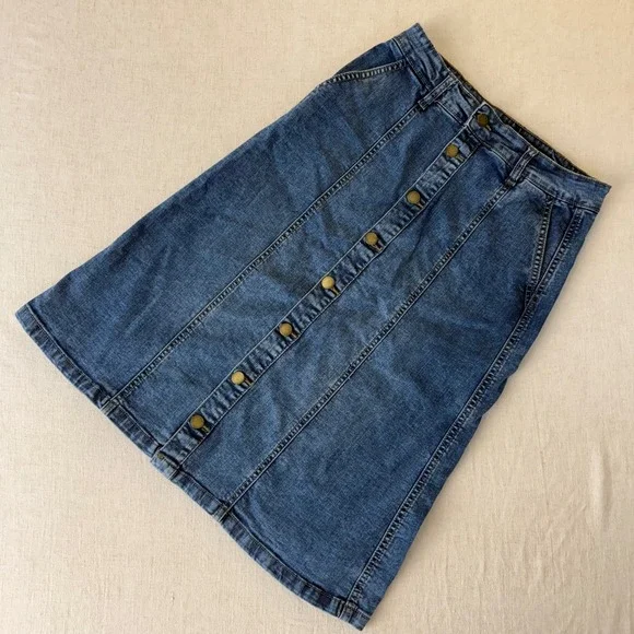 Esteez Women Blue Denim Button Front Midi Skirt A-Line Stretch Size 4 - Picture 7 of 10